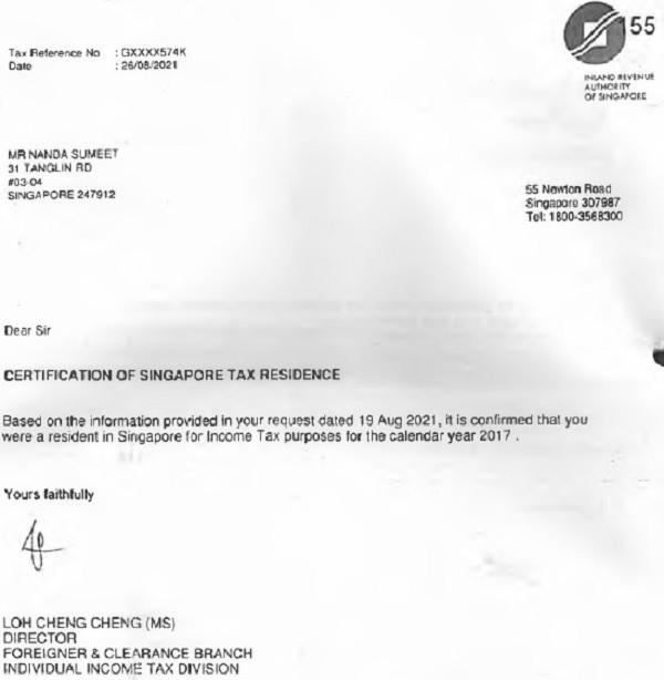 Certificate of Singapore Tax Residence