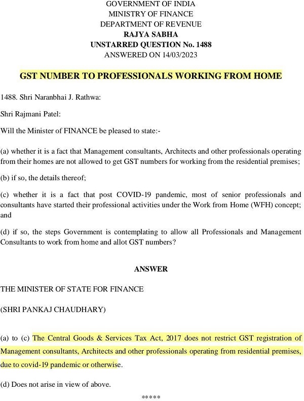 GST Number to Professionals Working from Home