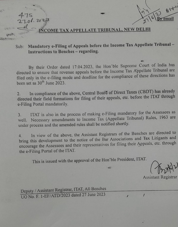 Mandatory e-Filing of Appeals before the Income Tax Appellate Tribunal Instructions to Benches-regarding