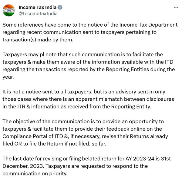 Tweet from Income Tax Department pertaining to transactions