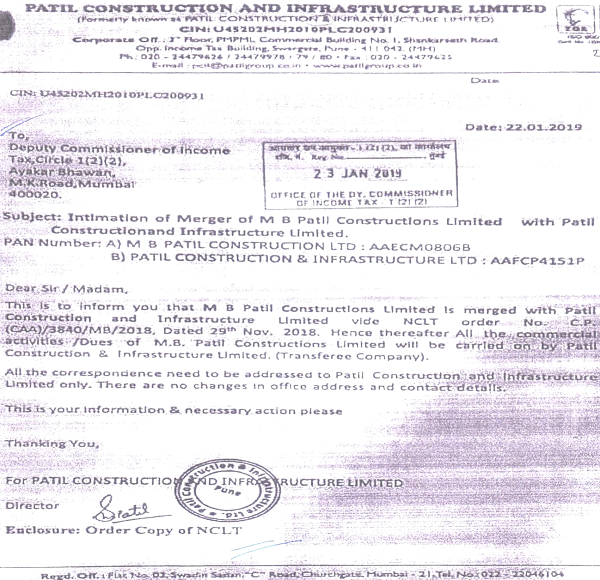 Letter of Patil Construction Infrastructure Ltd.