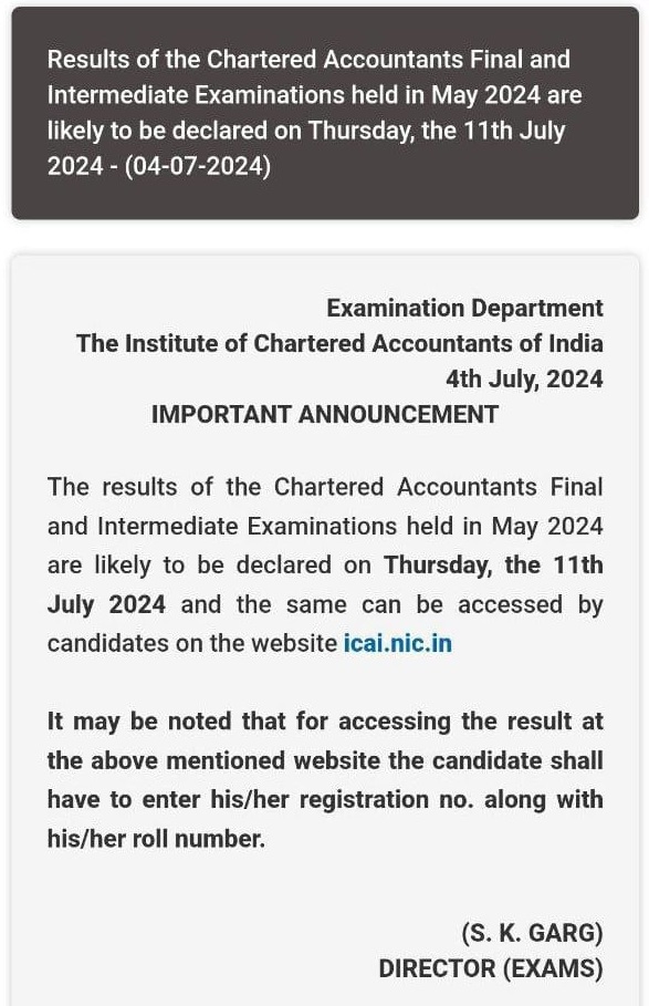 May 2024 CA Intermediate & Final Examination result on 11th July 2024