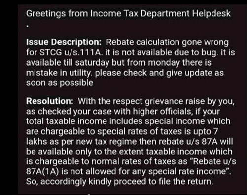 Section 87A Income Tax Department reply on Portal Issue