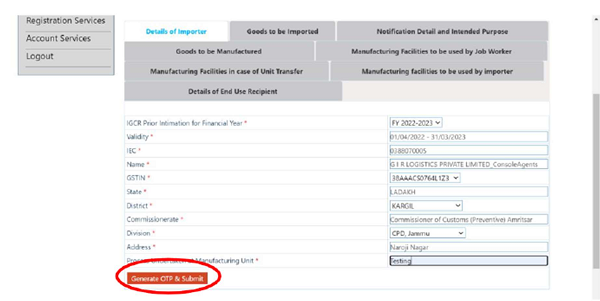 Generate OTP and submit