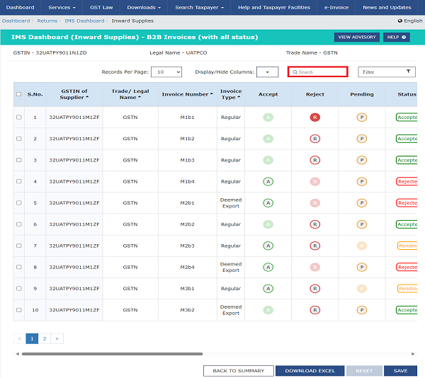 On clicking of B2B-Invoices hyperlink