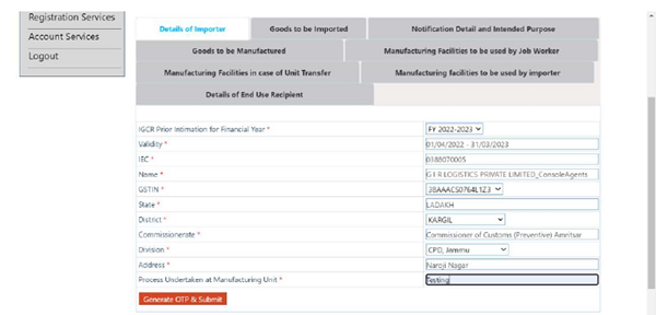 Prior Intimation Request form with 8 tabs