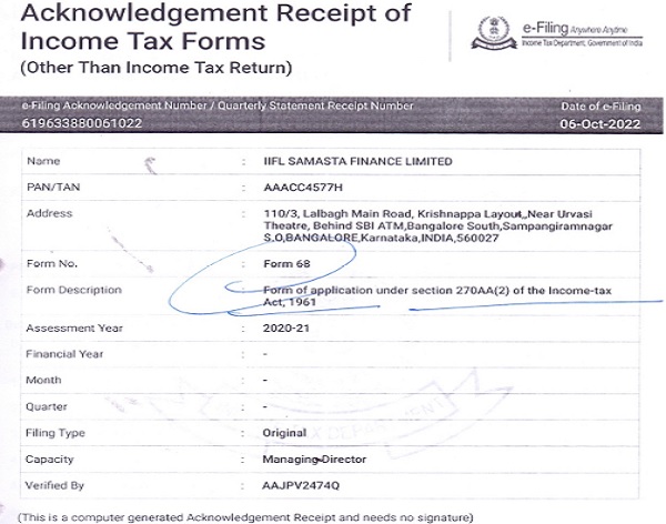 Acknowledgement of filing