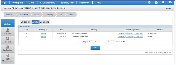 History of activities performed at Group Case Level